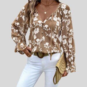 Embroidered Tie Front Button Down Knit Top Brown